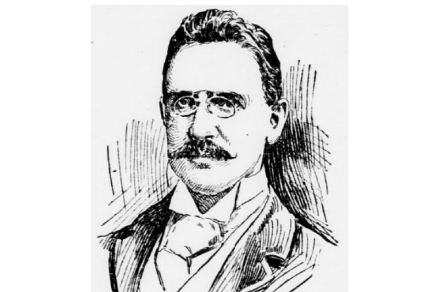 Illustrated portrait of J. J. Kelso wearing a suit jacket, high‑collared shirt, and tie, shown from the chest up in a newspaper‑style line drawing with fine cross‑hatching