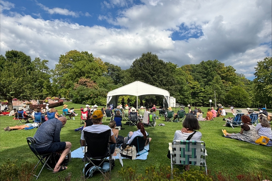 people at an outdoor concert with a sunny sky and some clouds