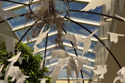 White bird cutouts hanging beneath a glass ceiling