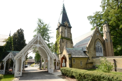 Peaceful view of Toronto Necropolis, highlighting its tranquil grounds, mature trees, and historic memorials.