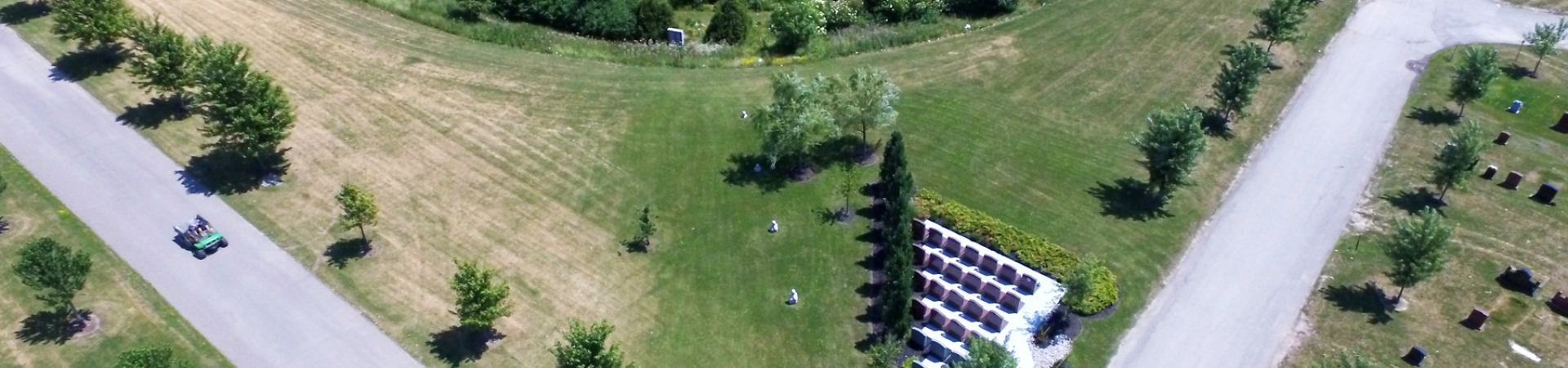 Arial view of Elgin Mills Cemetery with pond