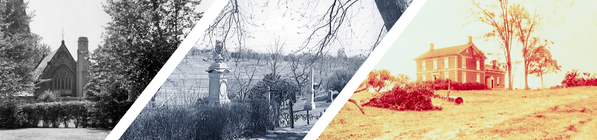 A three‑panel collage of historical landscape photos. The left panel shows an old stone church partially hidden by trees and hedges. The center panel features a rural scene with leafless trees, a pathway, and decorative stone pillars overlooking open fields. The right panel shows a vintage photograph of a large brick house on a hill, with scattered cut tree branches in the foreground and tall trees behind it.