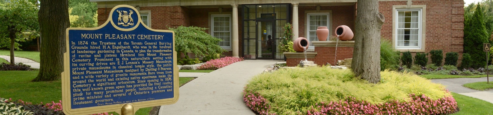 Building at Mount Pleasant Cemetery with sign
