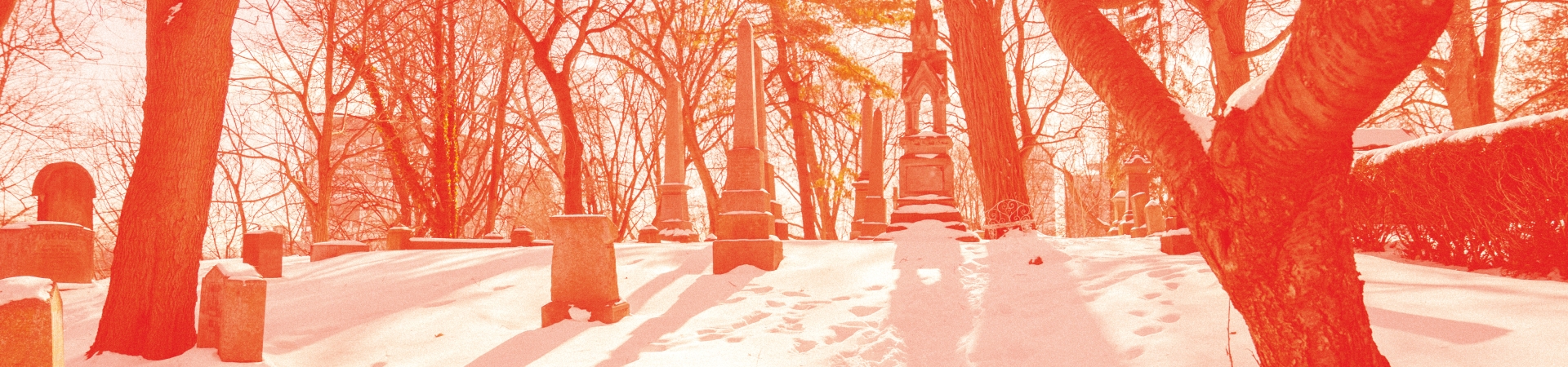 A wide, panoramic winter view of a snow‑covered cemetery with a narrow footpath leading uphill between gravestones and monuments, framed by leafless trees; the entire scene is overlaid with a warm red‑orange tint that contrasts with the white snow and emphasizes long shadows in bright sunlight.
