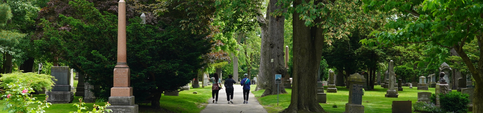 Path through Necropolis Toronto with trees and gravestones.